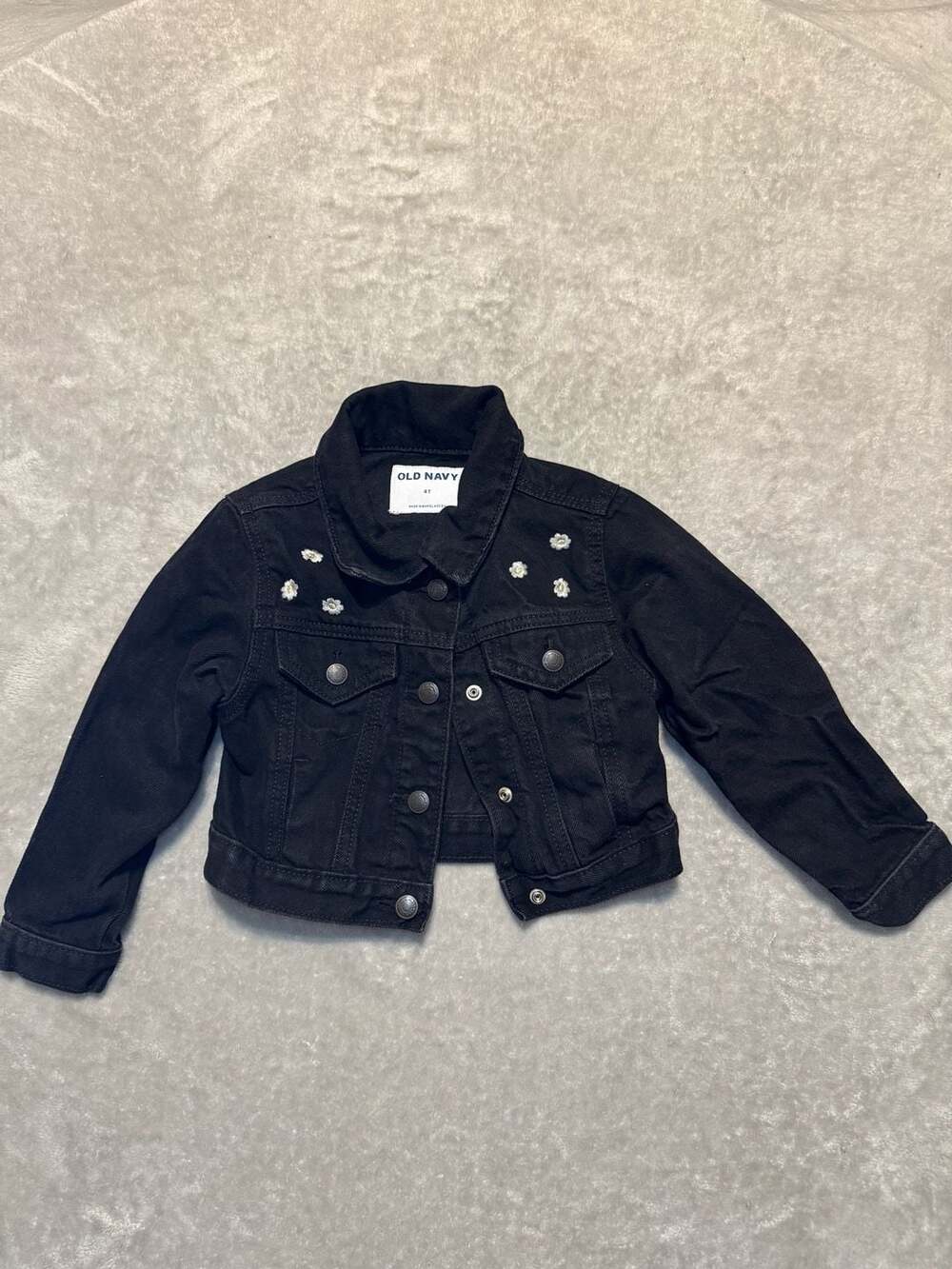 Old Navy Girls Black Denim Jacket with Floral Embroidery